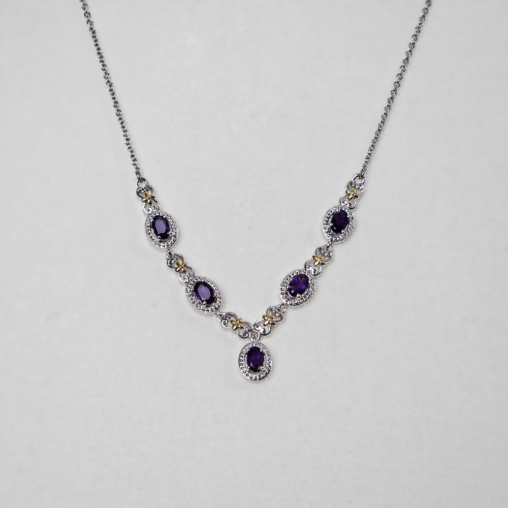 African Amethyst New Silver Tone Platinum Bond Stainless Steel V Drop Necklace